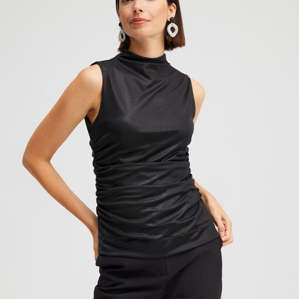Chico's Black Label Gathered Knit Top, Size Large, Black, NWT